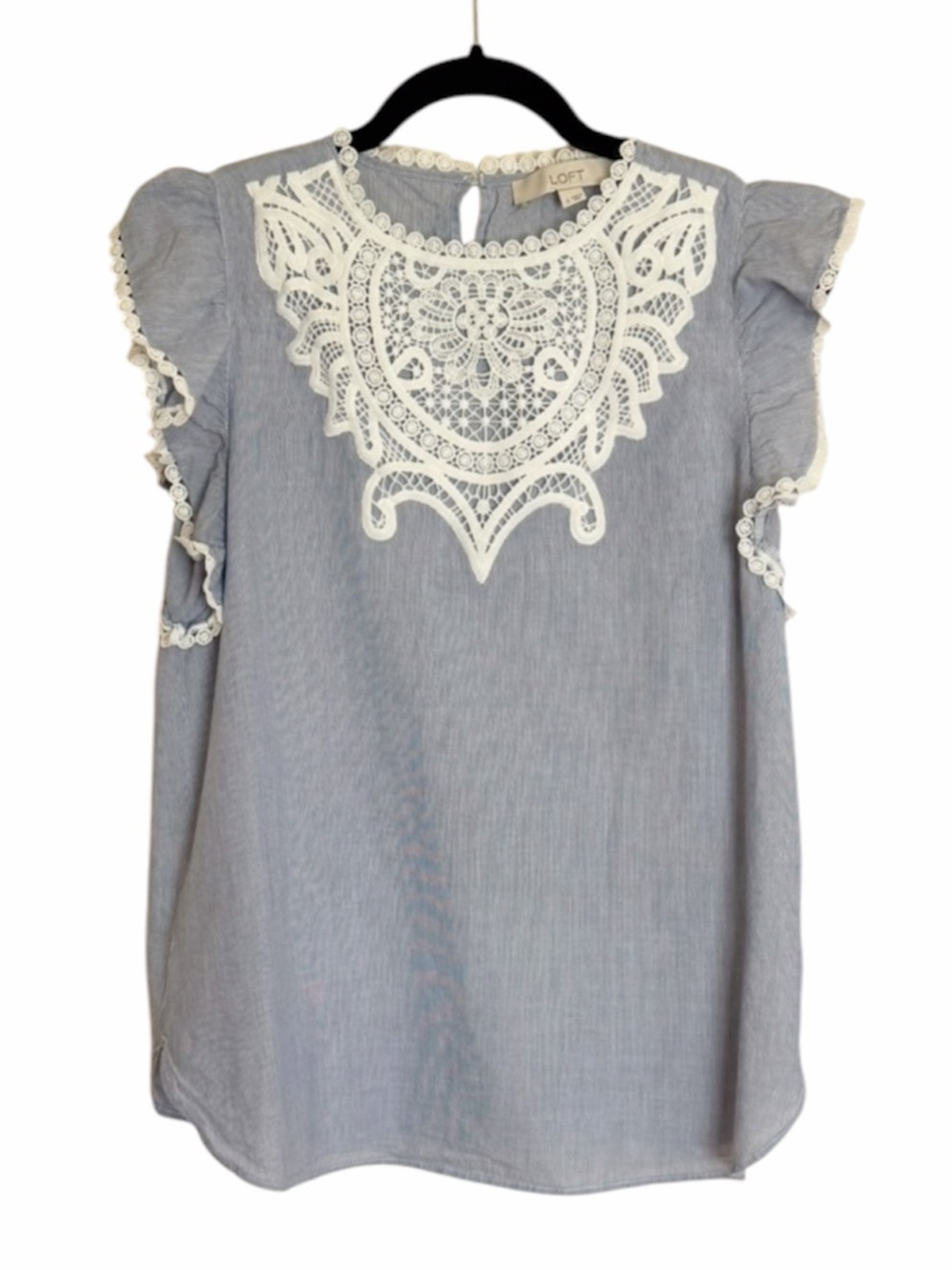 LOFT Light Blue Sleeveless Top with Cream Crochet Yoke. 100% Cotton.